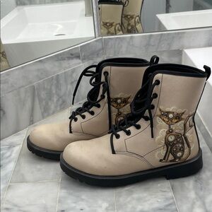 Beige Lace-Up Combat Boots with Cat Gear Motif